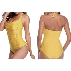 NWT Smismivo Swimsuit Womens Sz XL Yellow One Piece Ruchet Soft Padded Shelf Bra
